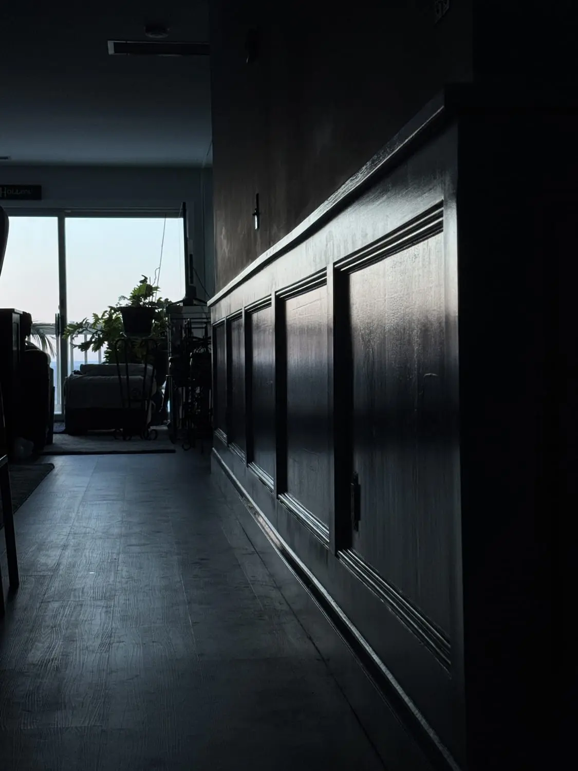 Dark board-and-batten panelled hallway with a rich, uniform painted finish